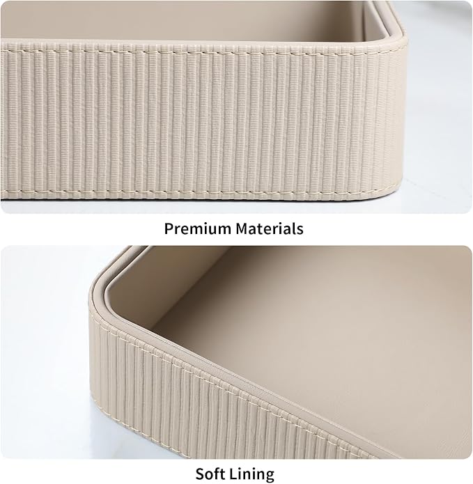 PU Leather Valet Tray Organizer, Modern Nightstand Organizer Bedside Desktop Storage for Womens and Men, Decorative Perfume Trinket Catchall Vanity Tray for Key Watch Wallet (Beige)