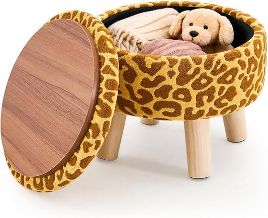 Wimarsbon Storage Ottoman, Modern Round Footrest with Soft Padded Seat, Pattern Velvet Footstool with Wood Legs, Accent Small Table or Plant Stand for Hallway, Living Room (Yellow)