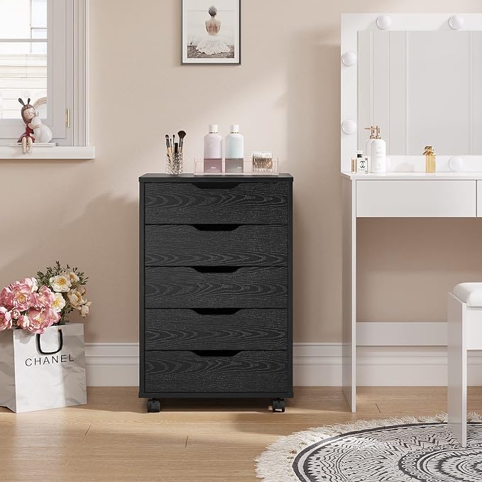 Panana 5/7 Drawer Mobile File Cabinet, Wooden Under Desk Storage with Wheels Office Organization Vertical Filing Chest of Drawers for Home Office (Black, 5 Drawer)