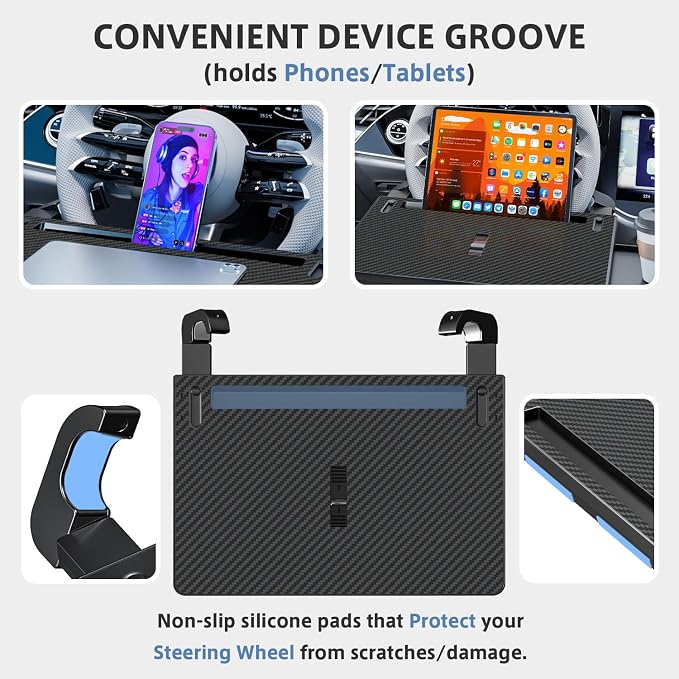 Steering Wheel Tray, Car Food Tray, Car Desk for Laptop, Carbon Fiber Look Multipurpose Car Table for Eating & Work, Adjustable Car Tray with Drawer and Anti-Slip Protective Adhesive