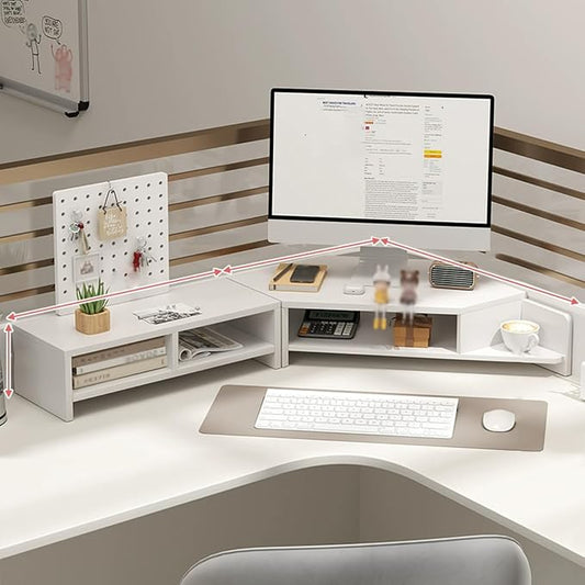 Triangle Monitor Stand Riser Combo, Desktop Corner Shelf with Cup Holder Pegboard, 2 Tier Wood Office Desk Storage Organizer for Laptop, Computer (White)