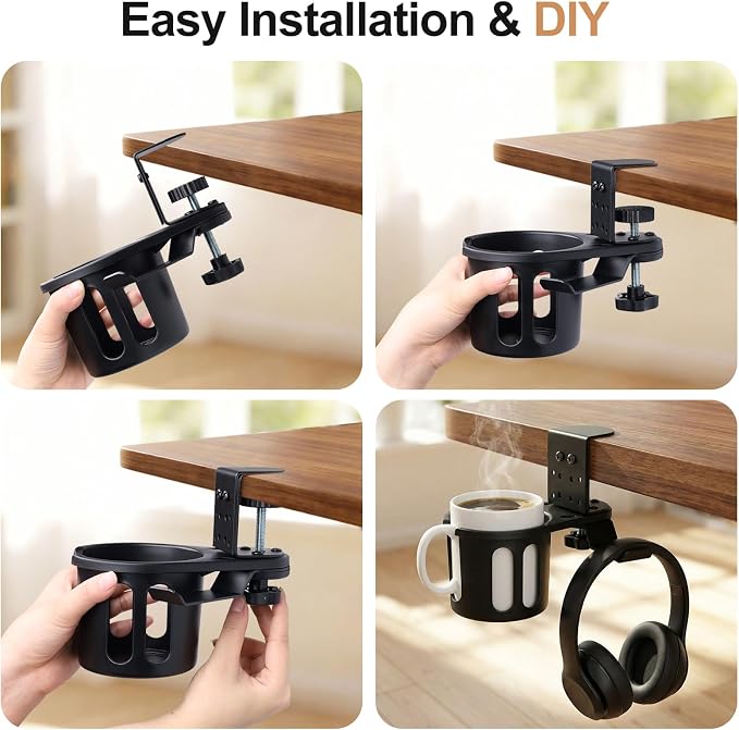 DecBeLiv 360° Rotating Cup Holder wiht Hook Under Desk Anti Spill Space Saving for Home Office Camping