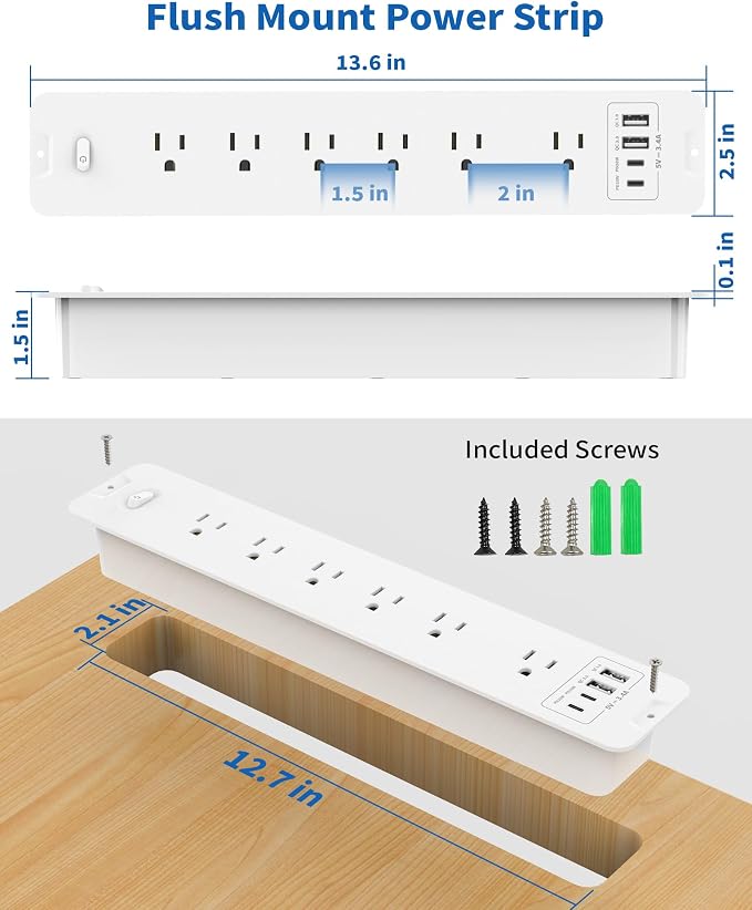 Recessed Power Strip, Flush Mount Power Strip with USB Ports, PD 20W USB C Fast Charging, 6 FT Extension Cord Surge Protector with1800J, Furniture Hidden Outlet for Side Table, End Table