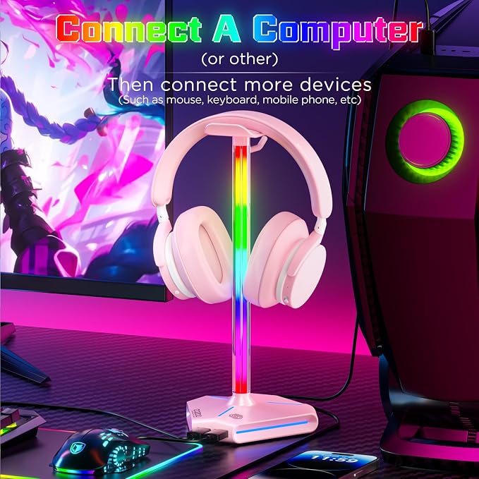 Pink RGB Headphone Stand with 2 USB Ports & Extension Cord, Gaming Headset Stand for Desktop Table, PC Gaming Accessories, Gifts for Girlfriend,Teen Boys Girls,Gaming Setup Organizer