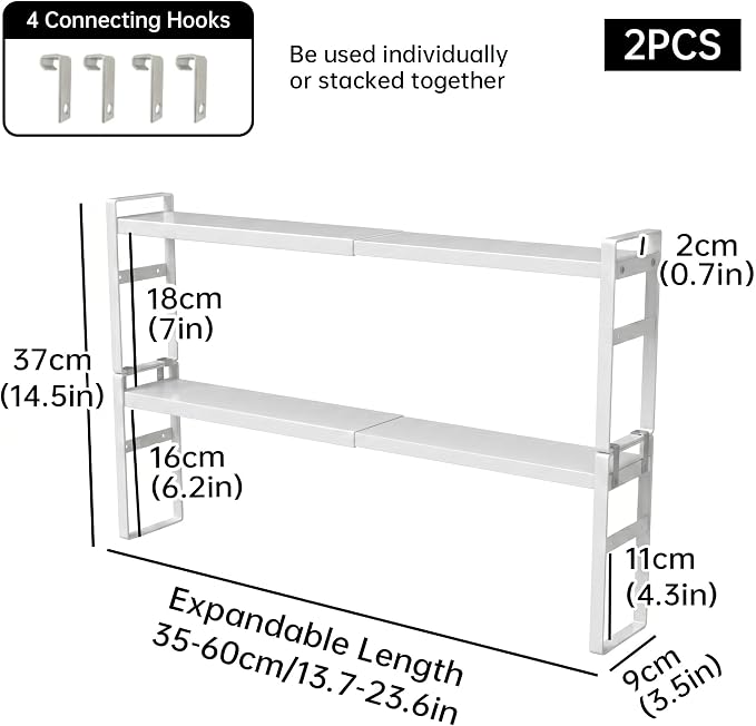 2pc Small Narrow Tall Shelf for Windowsill Kitchen Organizer Stackable Shelves Bathroom Sill Thin Shelves for Narrow Spaces Counter Top Racks (White, L13.7-23.6'' * W3.5'' * H14.5'')