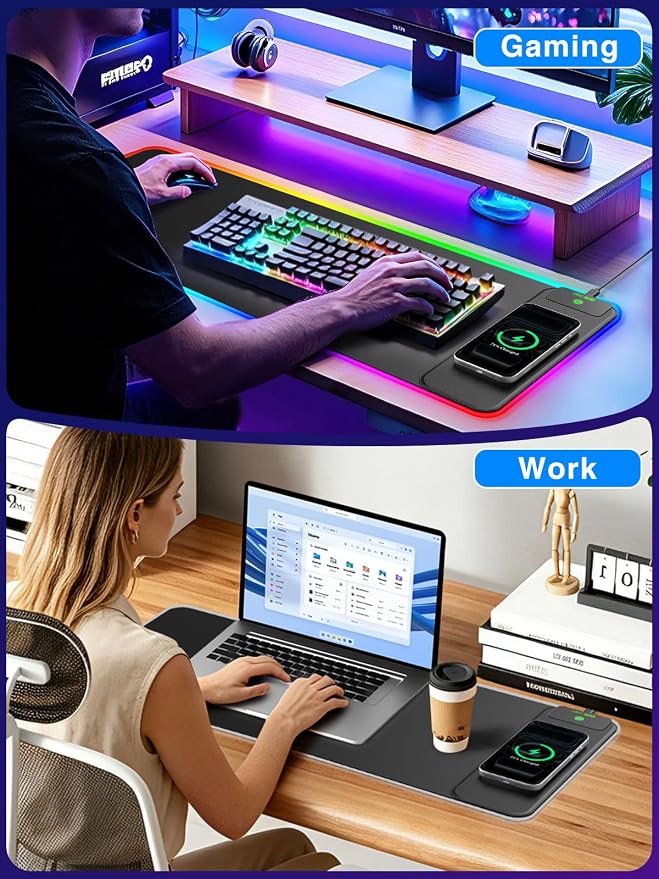 RGB Gaming Mouse Pad with 15W Magnetic Wireless Charger, 31.5'' x 11.8'' Large LED Desk Mat, 24 Lighting Effects Keyboard Pad with Non-Slip Rubber Base, Waterproof Ultra-Smooth Surface