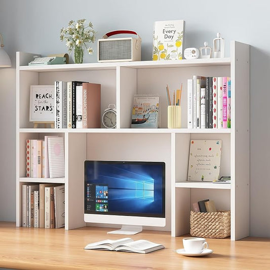 Desk Hutch Dorm, Desktop Bookshelf Organizer, Multifunctional Wooden Shelf Rack with Storage for Dorm Room, Office, Study, Space-Saving Design(White,47.2x7.8x35.4in)