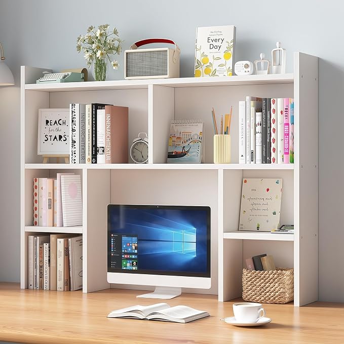 Desk Hutch Dorm, Desktop Bookshelf Organizer, Multifunctional Wooden Shelf Rack with Storage for Dorm Room, Office, Study, Space-Saving Design(White,43.3x7.8x35.4in)