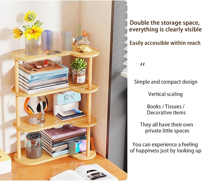Desktop Bookshelf Organizer, Multi Tier Space Saving Corner Shelf, Thickened Wood Board Structure, Small Bookcase for Office, Home, Dorm(Light Walnut,15.3 * 8.4 * 33.4in)