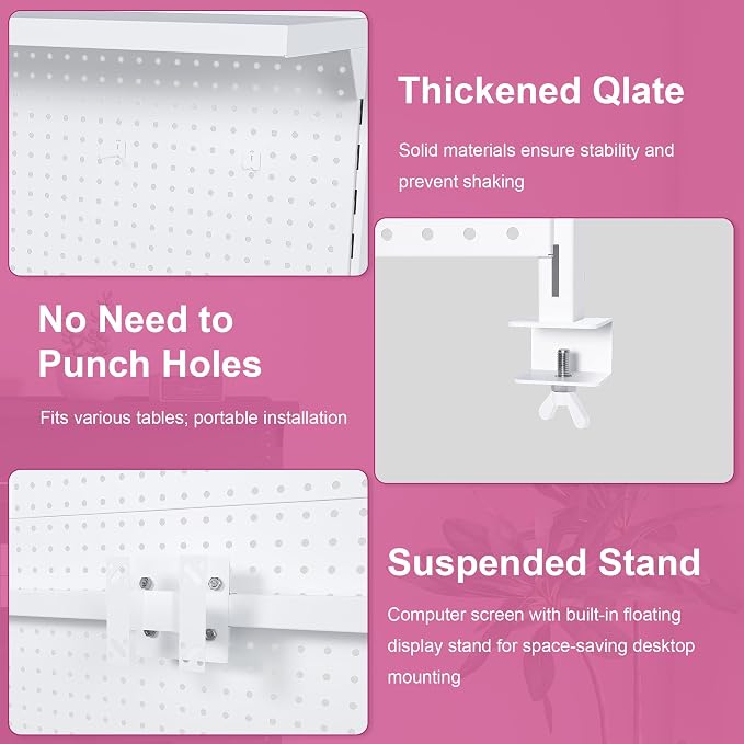 Clamp-On Metal Desk Pegboard with Dual Monitor Stand–No Drilling Needed! 59x35 Inch Steel Privacy Panel with Hooks & Movable Partition, Peg Board Wall Organizer for Gaming & Office