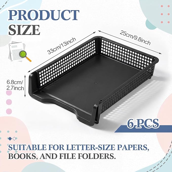 Geetery Set of 6 Plastic Trays for Teachers Turn in Trays Classroom Stackable Paper Tray Plastic Classroom Teachers Desk Letter Organizer Storage Baskets for Office, Desk, Home (Black)