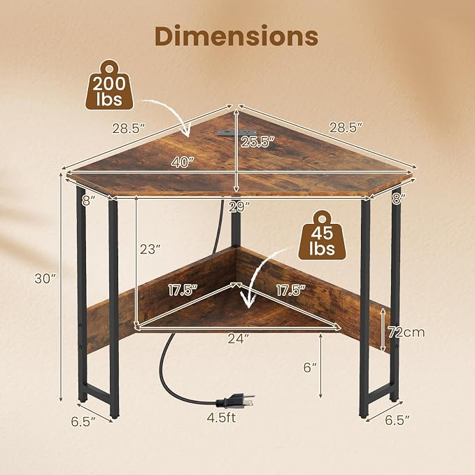 Giantex Corner Desk with Charging Station, 90° Triangle Computer Desk with Storage Shelf, Industrial Compact Writing Desk with Metal Frame for Home Office, Small Spaces & Bedroom, Rustic Brown