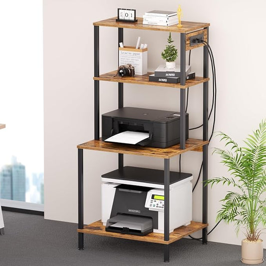 Printer Stand with Charging Station, 49"Tall 4-Tier Printer Stand with Storage, Large Printer Table for Home Office, Kitchen, Living Room, PrinterCart Beside Desk for Printer, Scanner (Rustic Brown)