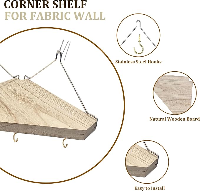 Fabric Wall Cubicle Corner Shelf with Hooks – 3 Pack Wooden Organizer Storage Shelf with Hangers Cubicle Accessories for Work Decor Ideal for Desk, Office Shelves for Women Men