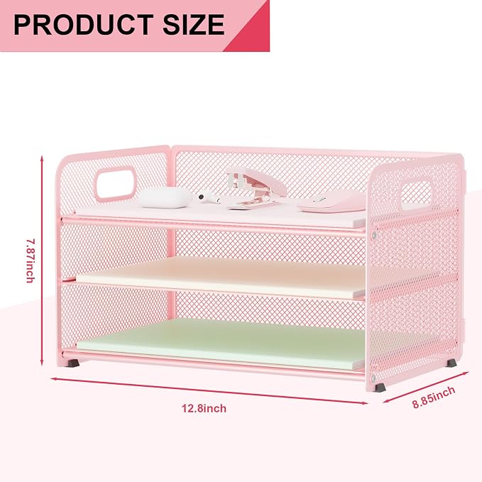 3 Tier Paper Letter Tray Organizer for Desk, Mesh File Folder Document Organizer with Handle for Home Office Supplies Desktop Accessories, Pink