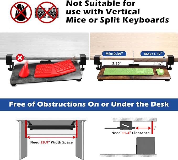 Mahogany Keyboard Tray Under Desk Clamp, Large Slide-Out Keyboard and Mouse Tray, Ergonomic Under Desk Keyboard Drawer Alternative with Wrapped Edge Surface for Home Office