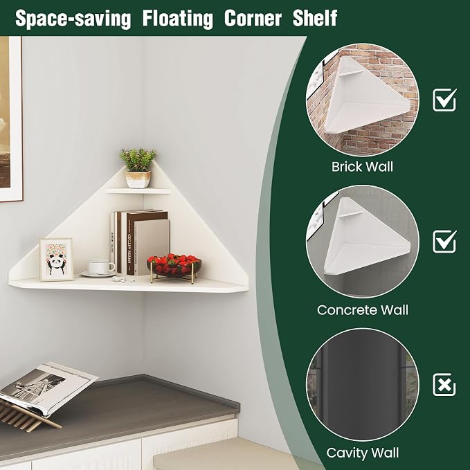 GOFLAME Floating Corner Desk, Wall Mounted Triangular Computer Desk w/Storage Shelf, Space-Saving Design, 90° Wooden Floating Home Office Desk for Writing, Working, Studying (White)
