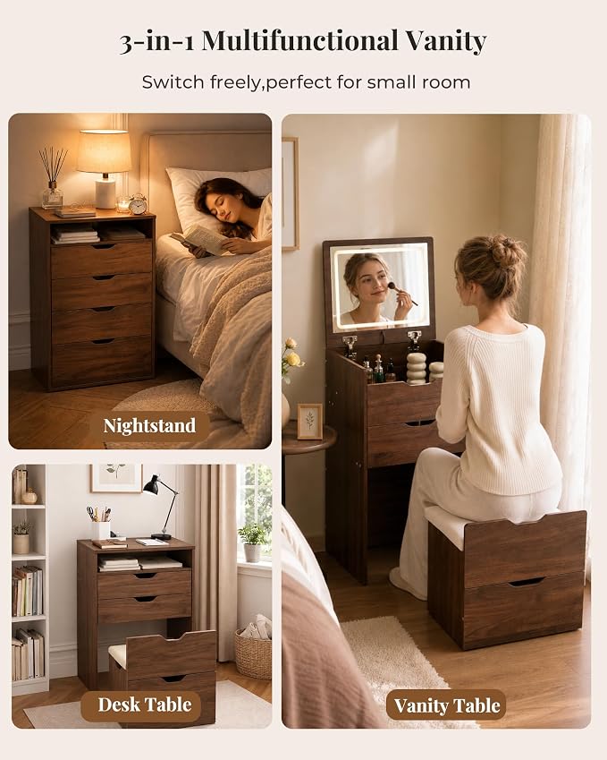 Small Vanity with Mirror and Lights for Small Space, 3-in-1 Compact Makeup Vanity Desk with Storage, Flip Top Vanity Table with Hidden Stool, 3 Color Mode, Drawers & Jewelry Organizer, Mini Vanity Set