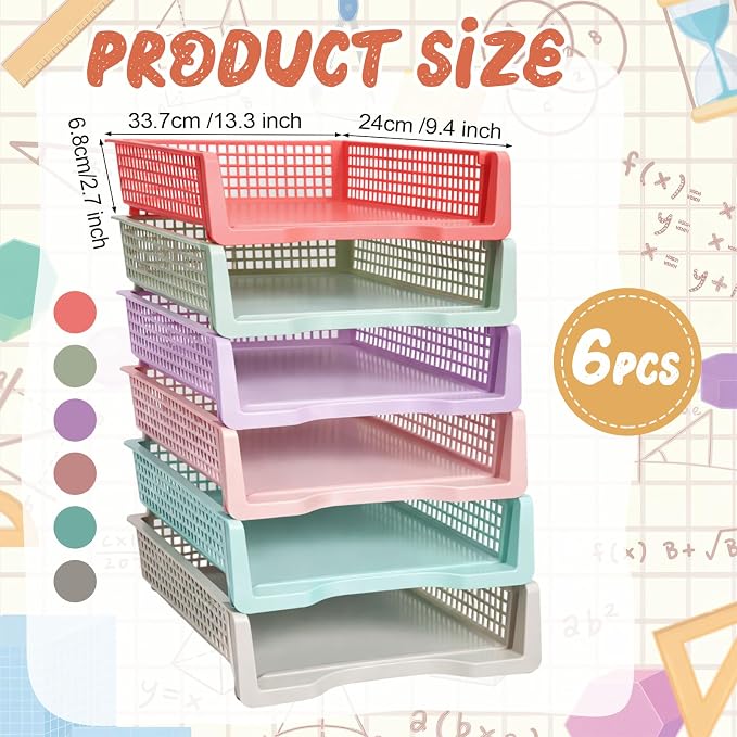 Tenceur 6 Pcs Turn in Trays Classroom, Stackable Tray for Classroom Plastic Storage Baskets Teacher Organizers for Library Drawers Office Desk (Trendy,Macaron Colors,13.3 x 9.5 x 2.7 Inches)