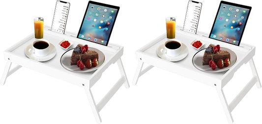 Bed Tray Table with Handles Folding Legs Bamboo Breakfast Food Tray with Media Slot for Platters,Laptop Desk,Snack,TV Tray Kitchen Serving Tray (Pack of 2)