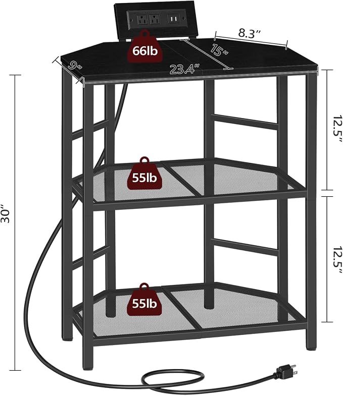 MAHANCRIS Corner Printer Stand with Charging Station, 3-Tier Large Printer Table with Adjustable Feet, Metal Frame Storage Shelf for Office, Living Room, Small Space, Black PTBK14E01