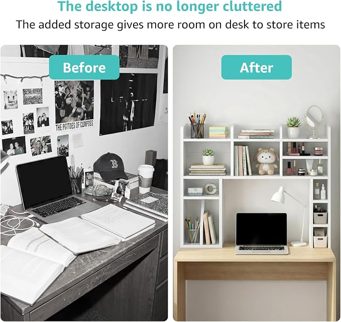 NUTIKAS White Desk Hutch Dorm with Shelves and File Organizer - 37" Wood Desktop Hutch for College Room, Desktop Bookshelf for Computer Desk, Space Saving Bookshelf