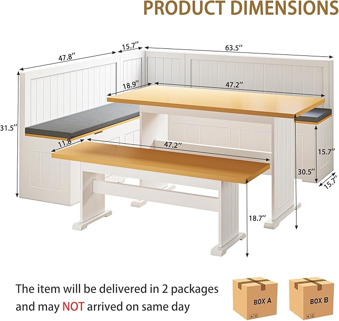 Breakfast Nook Corner Table Set, L-Shaped Corner Dining Set with Hidden Storage Bench, 3 Piece Kitchen Corner Bench Set with Cushion, Flip Top Entryway Bench, Space Saving Reversible, White