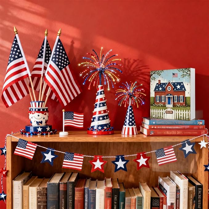 Patriotic Wooden Box Sign,Stars And Stripes House 4th Of July Signs Home Decor,Independence Memorial Day Block Sign for Desk Shelf Tabletop Decor