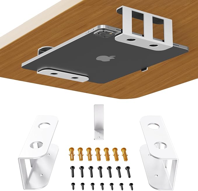 BYMECOST Under Desk Laptop Storage Mount, Metal Under Desk Device Holder, for Devices Up to 2.1" Thick, MacBook, Mini, Keyboard, Router, with Anti-Scratch Silicone (White)