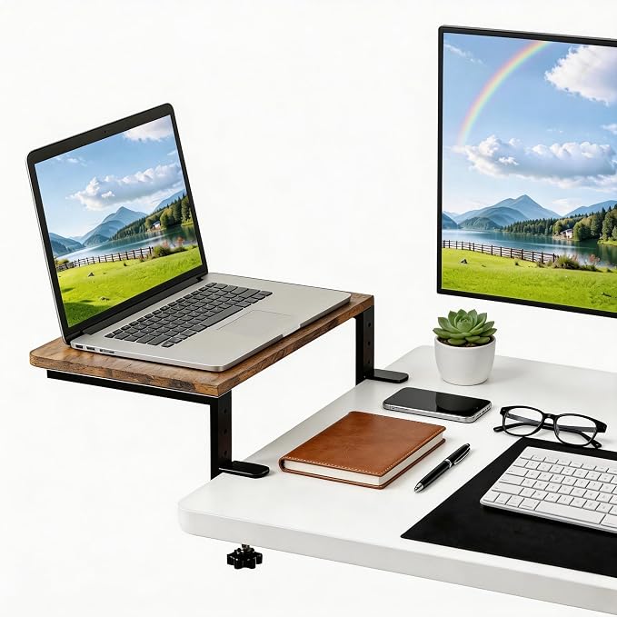 Desk Extender, 15-inch Desk Clamp Shelf, Height Adjustable Desktop Organizer for Office, Game Room, Kitchen and Studio (Brown)