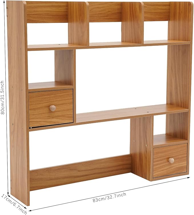 Desk Shelf, Wooden Office Desktop Display Organizer Rack with Handles, Adjustable 9 Compartment Storage Rack, Space Saving Desktop Bookshelf for Office Home Dorm (Pine Color)