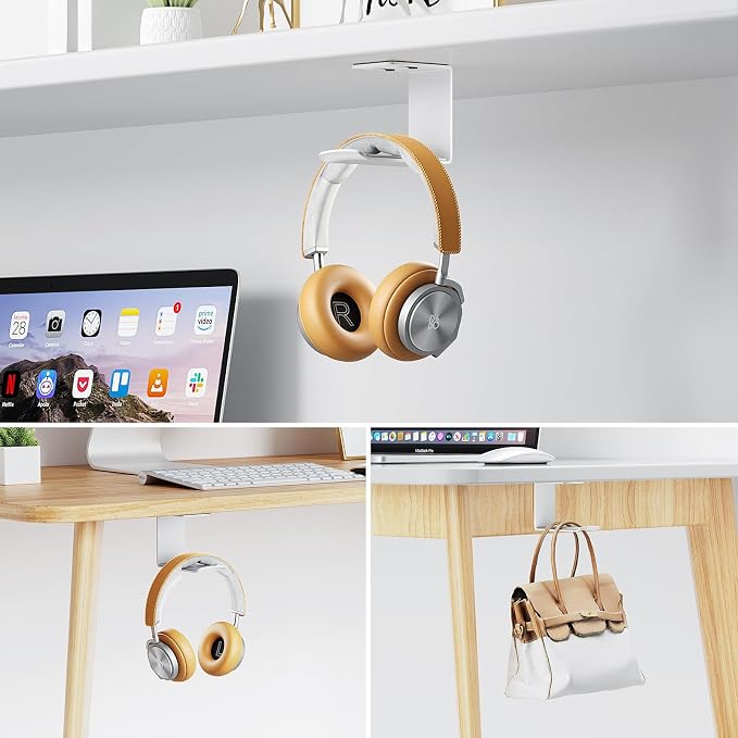 2Pack Heavy Duty Under Desk Headphone Stand, No Drill Mount with strong Adhesive Holder for AirPods Max, Sony, Bose & Gaming Headphones, Home Office Studio Dorm Organizer (H02F-2P-white)