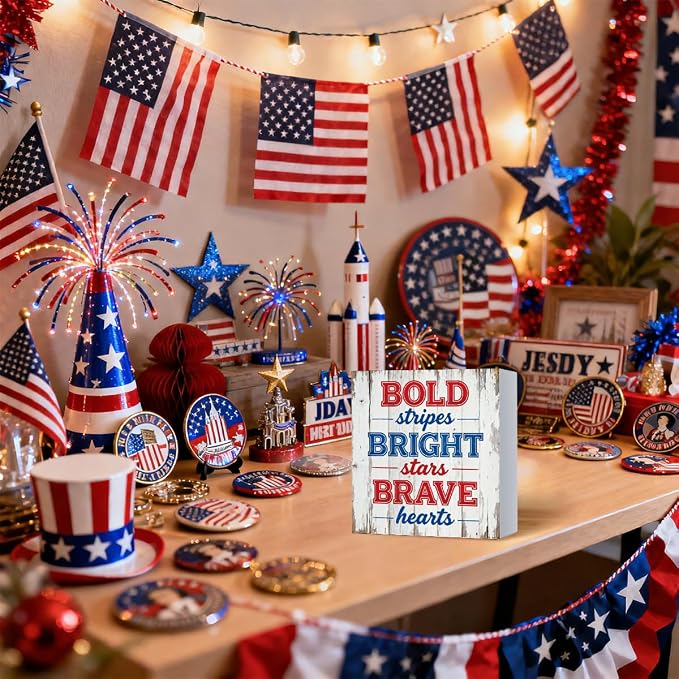 Patriotic Wooden Box Sign,Bold Bright Brave 4th Of July Signs Home Decor,Independence Memorial Day Block Sign for Desk Shelf Tabletop Decor