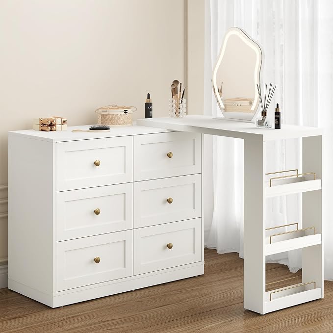 FansaFurn 67" Extendable Corner Vanity Desk, 3 in 1 Makeup Table with Rotatable Tabletop, 3 Side Shelves & 6 Drawers, L-Shaped Vanity Table and Dresser Combo for Bedroom, Dressing Room, White