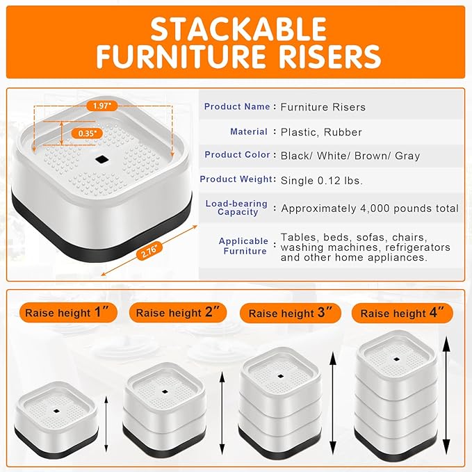shouwuhho 32 Pack Furniture Risers Adjustable Bed Risers Heavy Duty Lifts Height 1", Square Stackable Bed Risers 1, 2 or 3 Inch for Desk Leg Table Couch Sofa Chair Bed Frame Legs Dorm, White