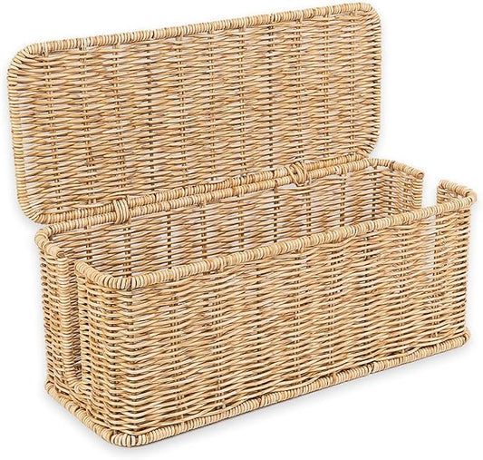 Cable Management Box, Handmade Rattan Cable Organizer with 2 Open Slots, Cord Hider for Power Strip, Router & USB Hub, Registered U.S. Design Patent (D1,112,102), 13" x 5.1" x 5.1", Natural