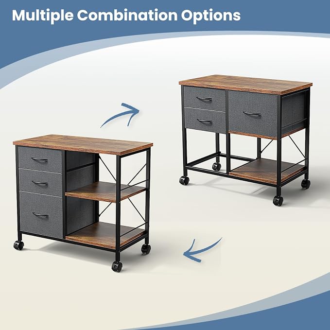 OLIXIS 3-Tier Printer Stand with Fabric Storage Drawer, Rolling Printer Cart with Lockable Wheels and Metal Frame, Under Desk Table with Open Storage Shelf for Small Spaces, Home, Office, Gray