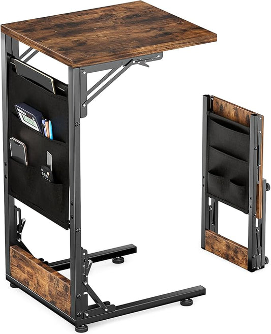 Folding TV Tray Table, Small Folding Side Table with Storage Bag, Portable C Shaped End Stand for Couch Sofa Bed, Rustic Brown