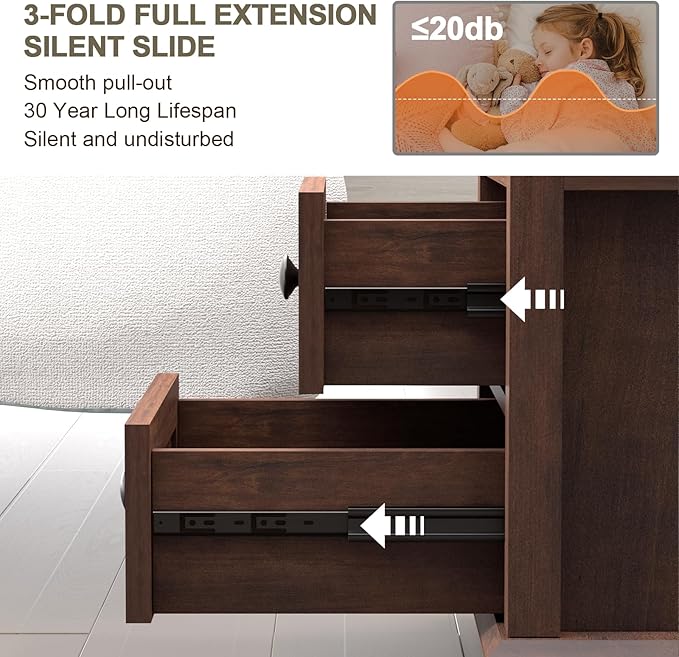 REDAYFUR 24" Tall End Table with Charging Station, Double 18W Fast Charge, Large 18" Bedside Table with Drawers, Rustic Wood Storage Cabinet with Open Shelf for Bedroom, Cherry