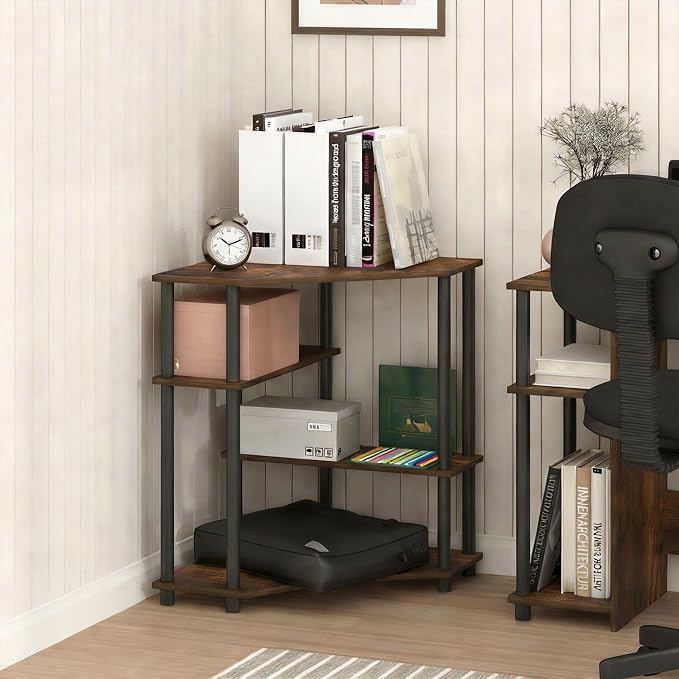 Furinno Turn-N-Tube Desk, Corner Gaming Desk with Storage Shelves, Toolless Assembly Computer Desk with Open Shelf, Office Desk for Home Office, Bedroom, Amber Pine