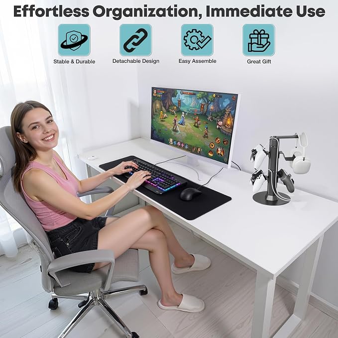Gaming Controller & Headset Holder Stand for Desk, with Charger Cable Organizer Headphone Stand for PS5/ Xbox/ PS4/ Switch, Metal Base Controller Hook for Storage with 360° Rotatable Hanger- 2 Tiers