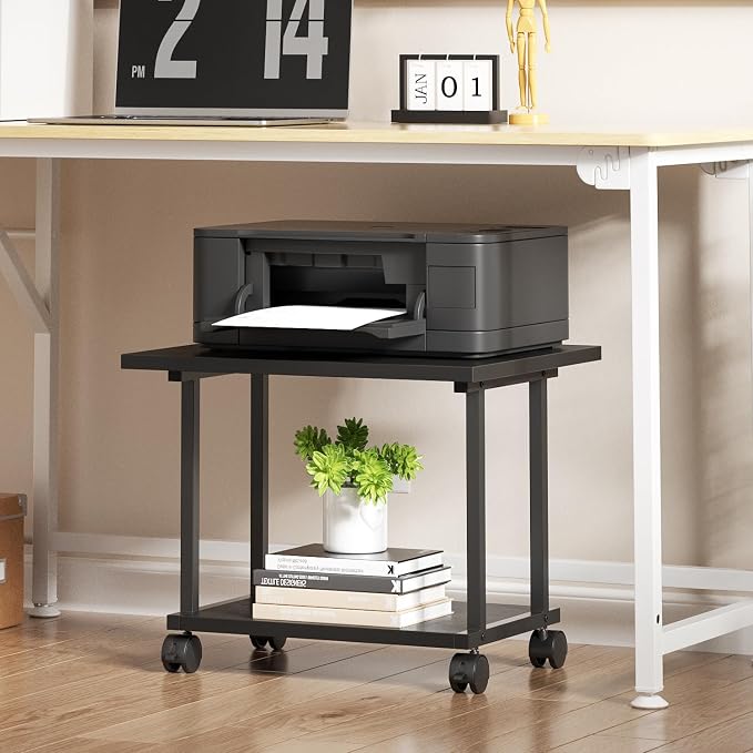 Asgolion Printer Table, 2-Tier Under Desk Printer Stand, Printer Stand with Wheels, Printer Shelf for Small Spaces, Printer Cart for Home Office Black