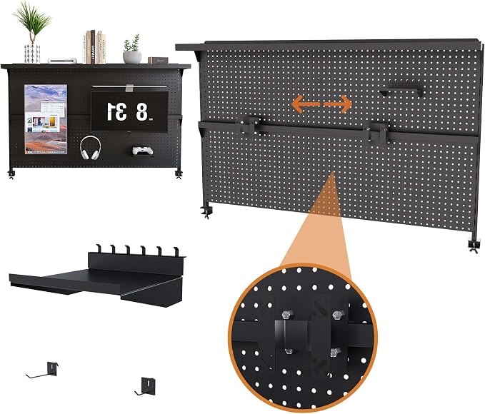Metal Pegboard Desk Organizer with Dual Monitor Stand, 59x35 Inch Clamp-On Privacy Panel, Carbon Steel Gaming Desk Wall Organizer with 3 Accessories, Black Office Desk Storage System