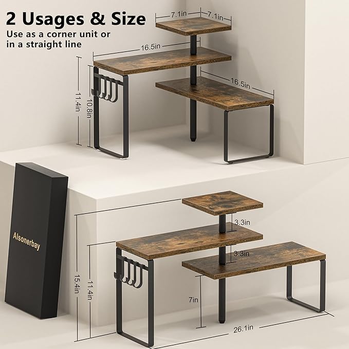 Alsonerbay Countertop Organizer Organization,3 Tier Corner Shelf for Kitchen Counter with Hooks for Coffee Area, Bathroom, Over Sink, Dresser Table (Rustic Brown)