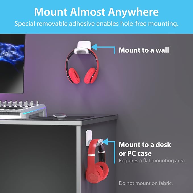 TotalMount Headphone Holder – Hanger Won’t Damage Your Wall with Screws or Permanent Adhesive (Studio-Grade White – One Pack)