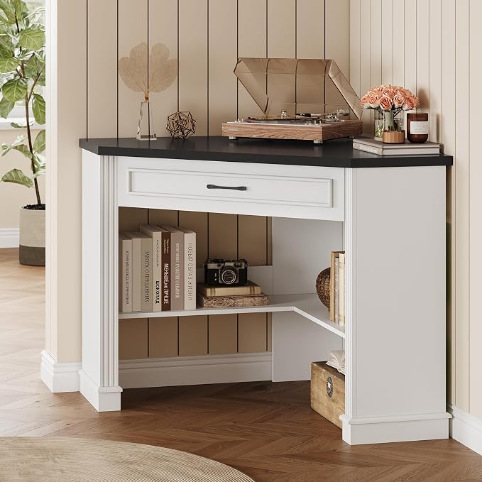 SEDETA 31.5" White Corner Desk, Small Corner Desk for Small Space, Farmhouse Triangle Computer Desk with Drawer and Storage for Home Office, Living Room, Bedroom, Vanity Desk