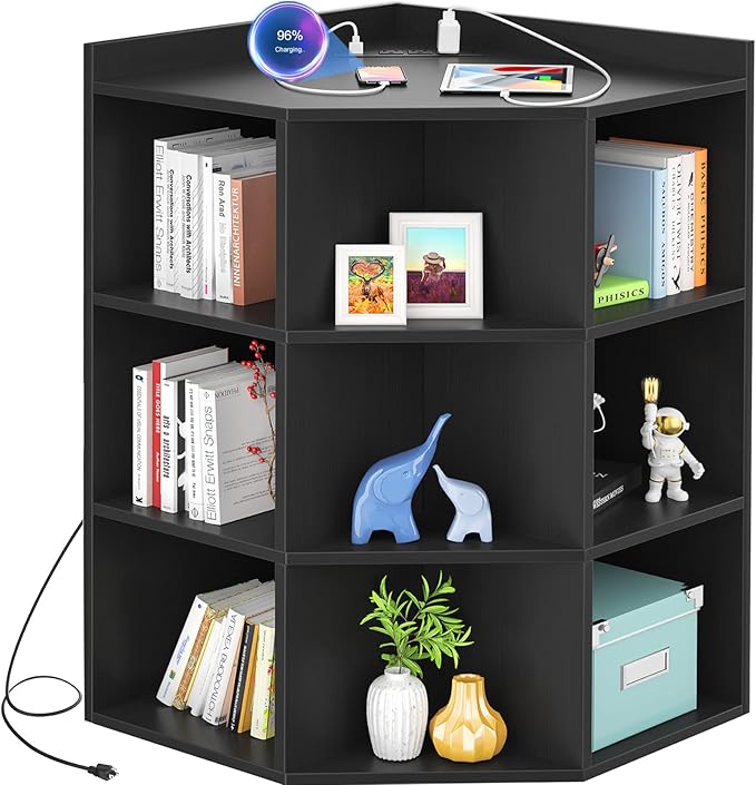 Aheaplus Corner Cube Book Shelf, 4-Tier Corner Cabinet with Power Outlets, Corner Cube Storage Shelf with Top Table, Wooden L Shaped Cubby Bookcase for Home Office, Bedroom, Living Room, Black