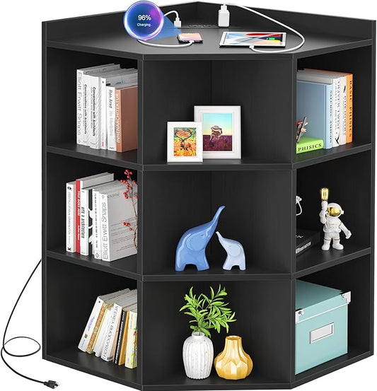 Aheaplus Corner Cube Book Shelf, 4-Tier Corner Cabinet with Power Outlets, Corner Cube Storage Shelf with Top Table, Wooden L Shaped Cubby Bookcase for Home Office, Bedroom, Living Room, Black