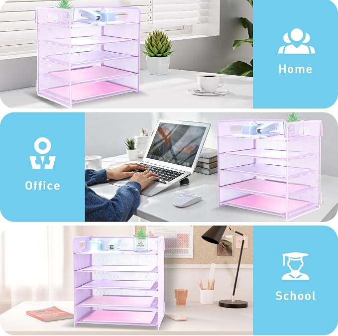 5 Tier Lettrer Tray Organizer with Handle, Metal Mesh Desk File Organizer with Sliding Trays, Paper Sorter Desk for Home Office School, Purple
