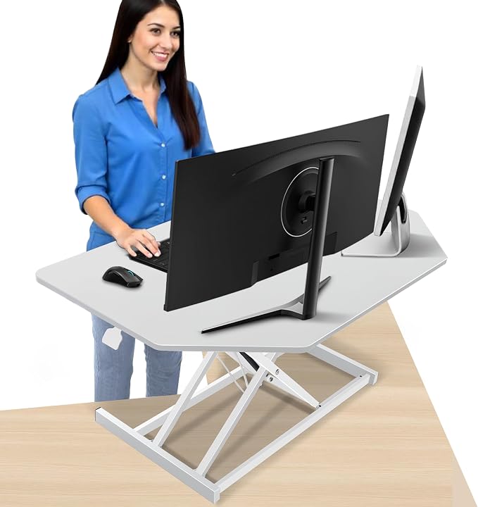 Aconcept 36 inch White Corner Height Adjustable Standing Desk Converter, One-Click Sit to Stand up Desk Riser, Pre-Assembled for Dual Monitor and Laptop Workstation